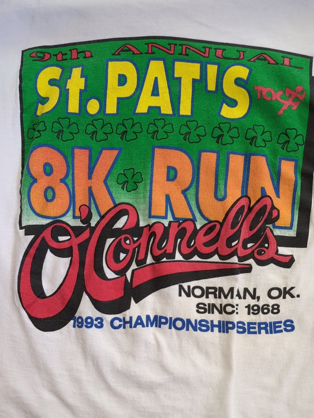 Vintage 1993 White O'Connell's 8K Run T-Shirt with Multicolor Logo
